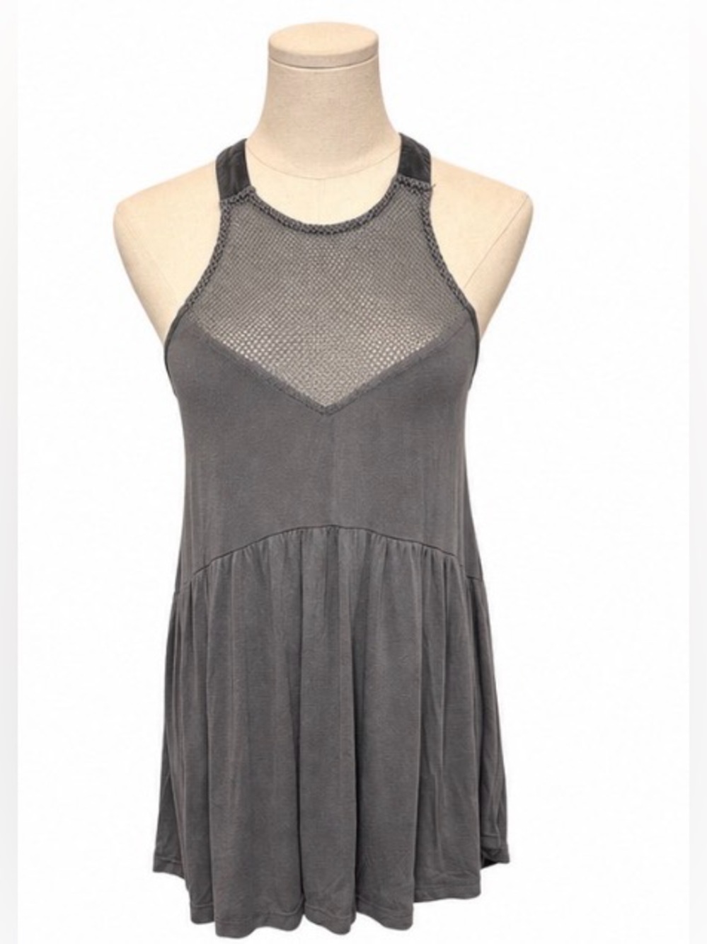 POL Medium Gray Mesh Yoke Sleeveless Babydoll Tunic Top